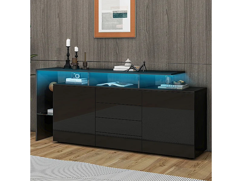 Buffet avec 2 portes + 4 tiroirs et étagères - 160 x 35 x 70 cm - Ledss - aggloméré - noir