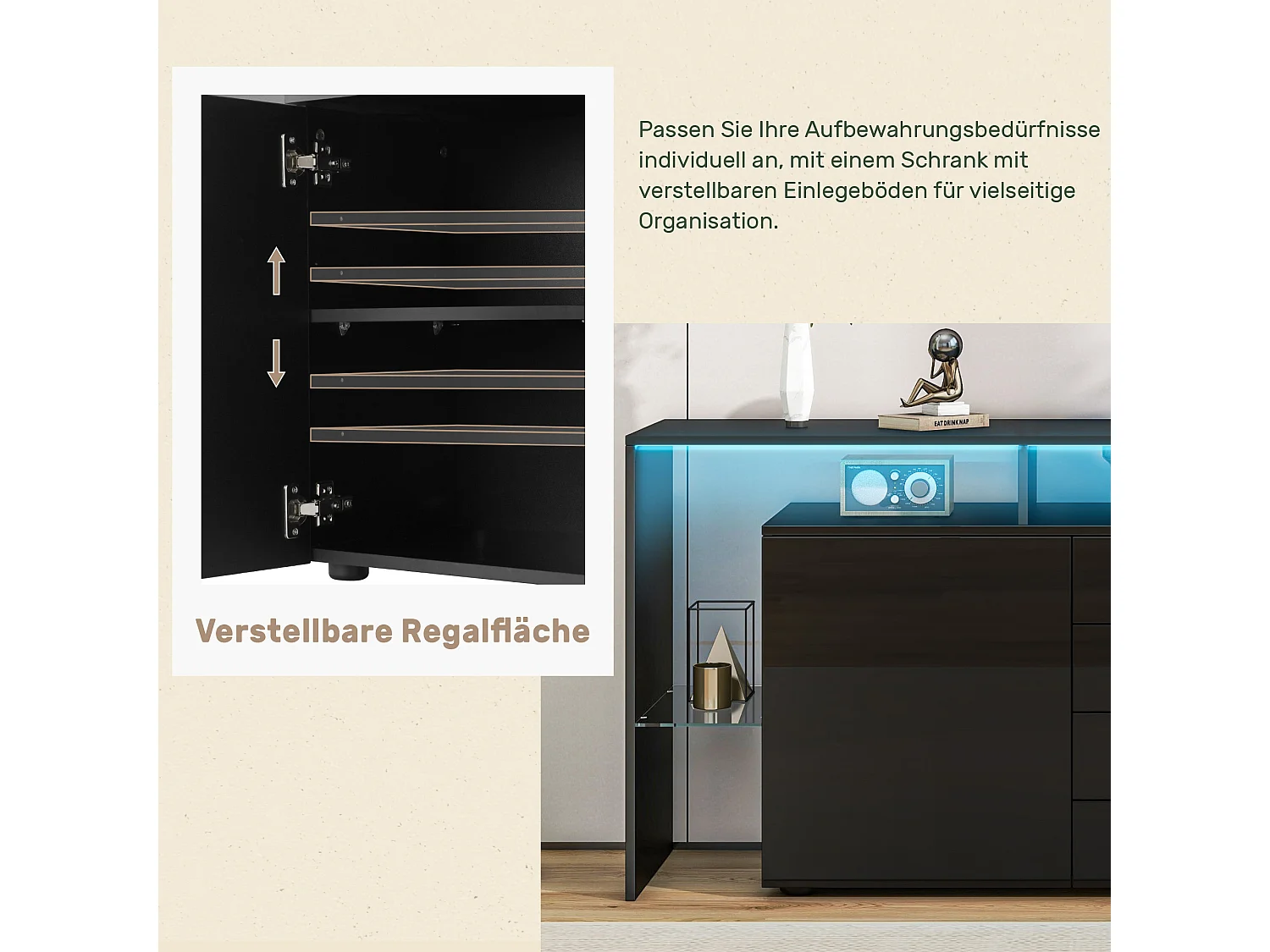 Buffet avec 2 portes + 4 tiroirs et étagères - 160 x 35 x 70 cm - Ledss - aggloméré - noir