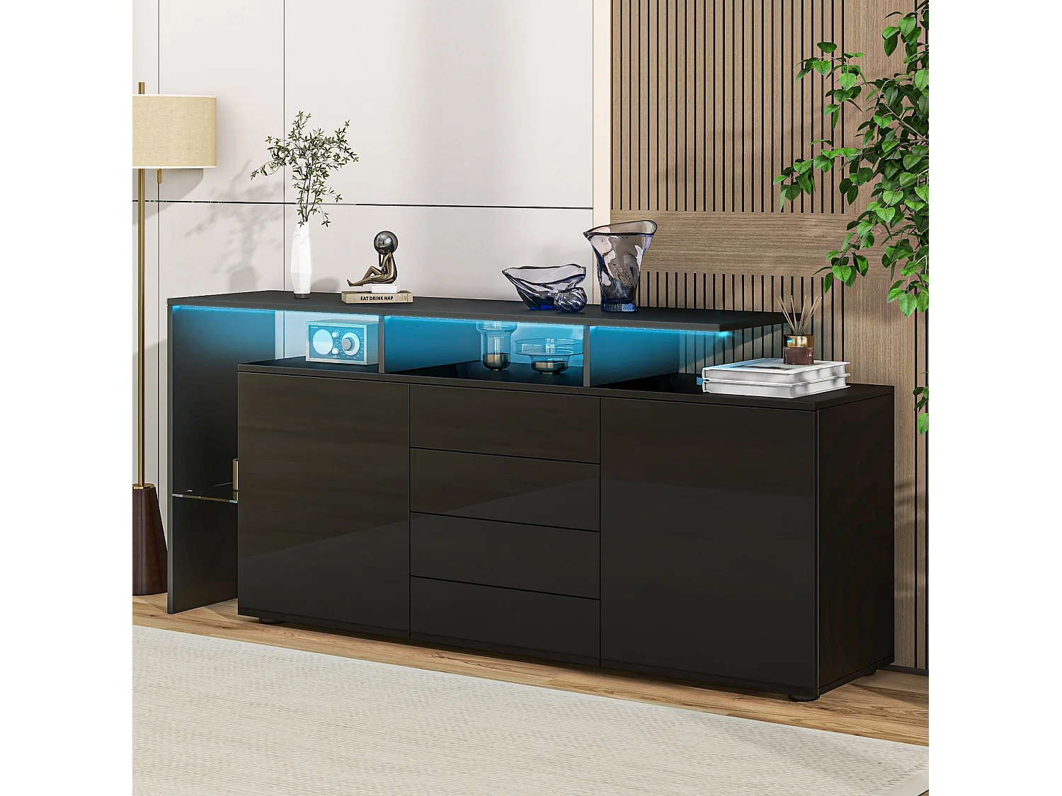 Sideboard mit 2 Türen, 4 Schubladen und Regalböden – 160 x 35 x 70 cm – LED-Beleuchtung – Spanplatte – schwarz