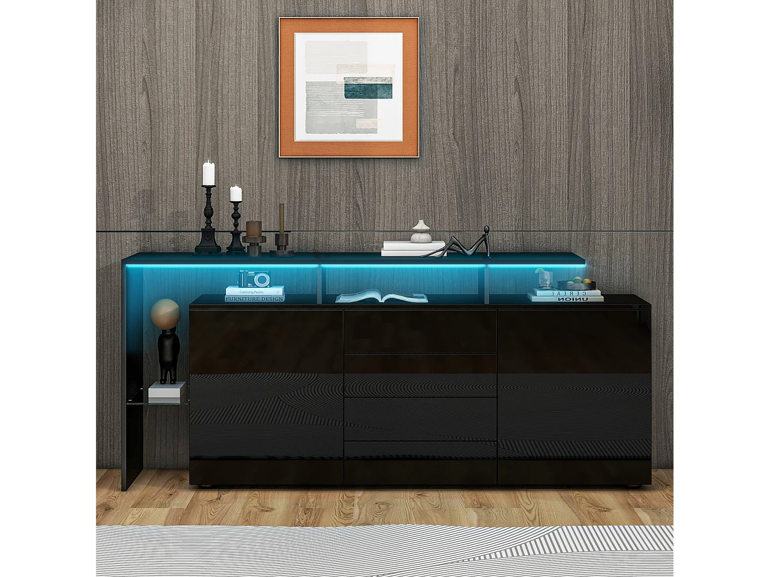 Sideboard mit 2 Türen, 4 Schubladen und Regalböden – 160 x 35 x 70 cm – LED-Beleuchtung – Spanplatte – schwarz