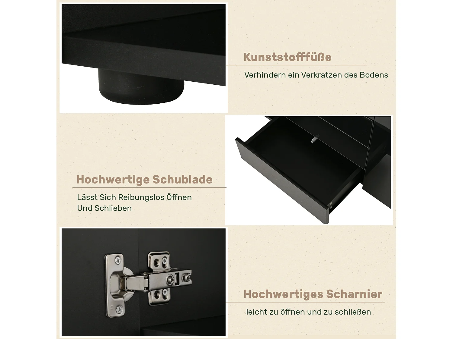 Sideboard mit 2 Türen, 4 Schubladen und Regalböden – 160 x 35 x 70 cm – LED-Beleuchtung – Spanplatte – schwarz