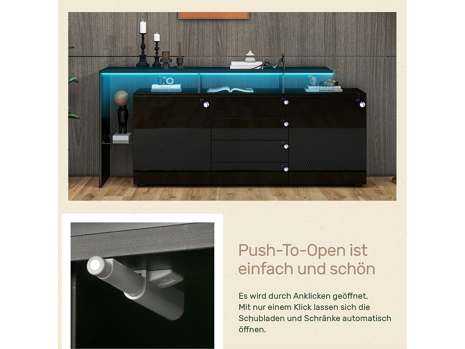 Sideboard mit 2 Türen, 4 Schubladen und Regalböden – 160 x 35 x 70 cm – LED-Beleuchtung – Spanplatte – schwarz