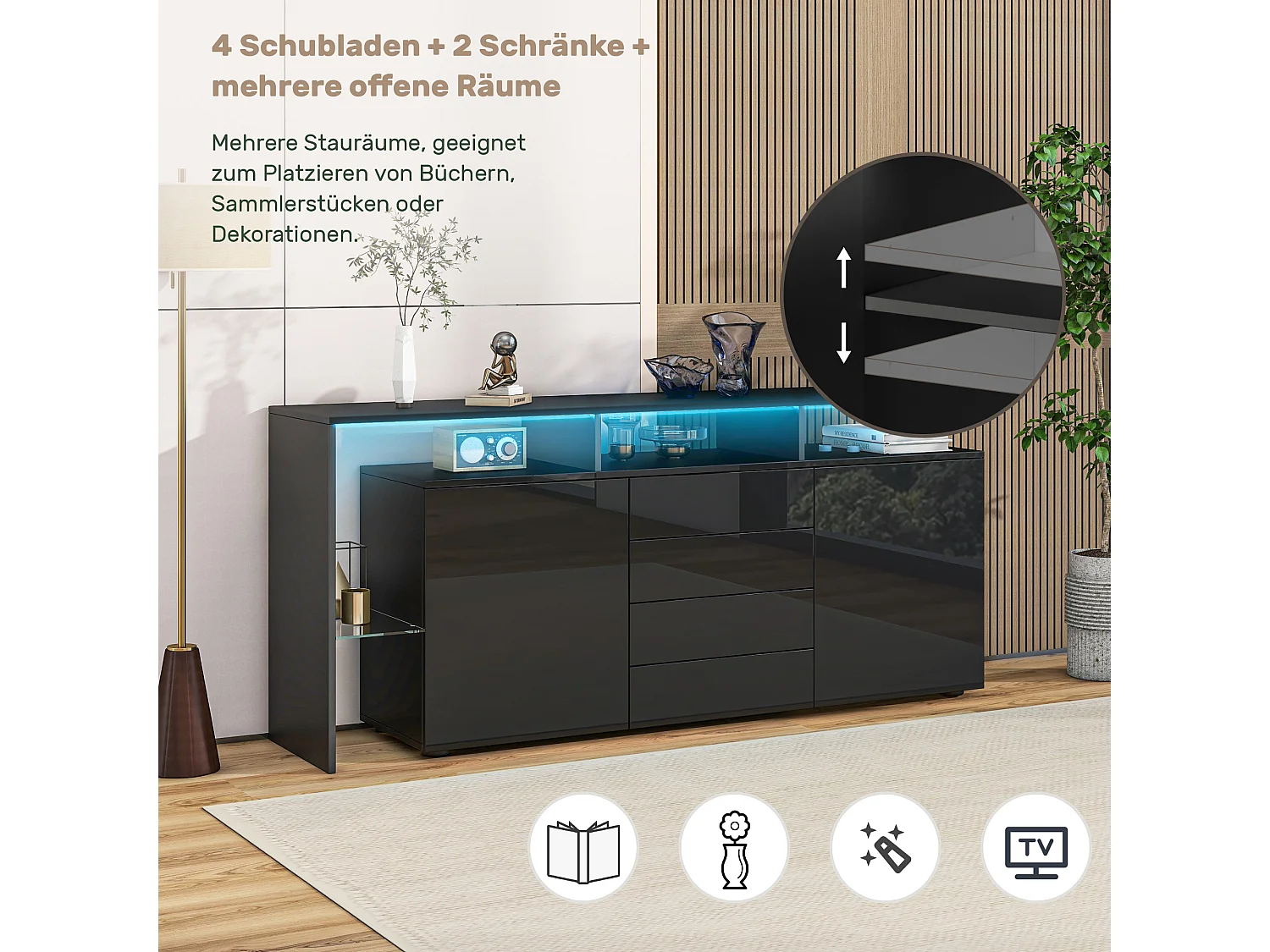 Sideboard mit 2 Türen, 4 Schubladen und Regalböden – 160 x 35 x 70 cm – LED-Beleuchtung – Spanplatte – schwarz