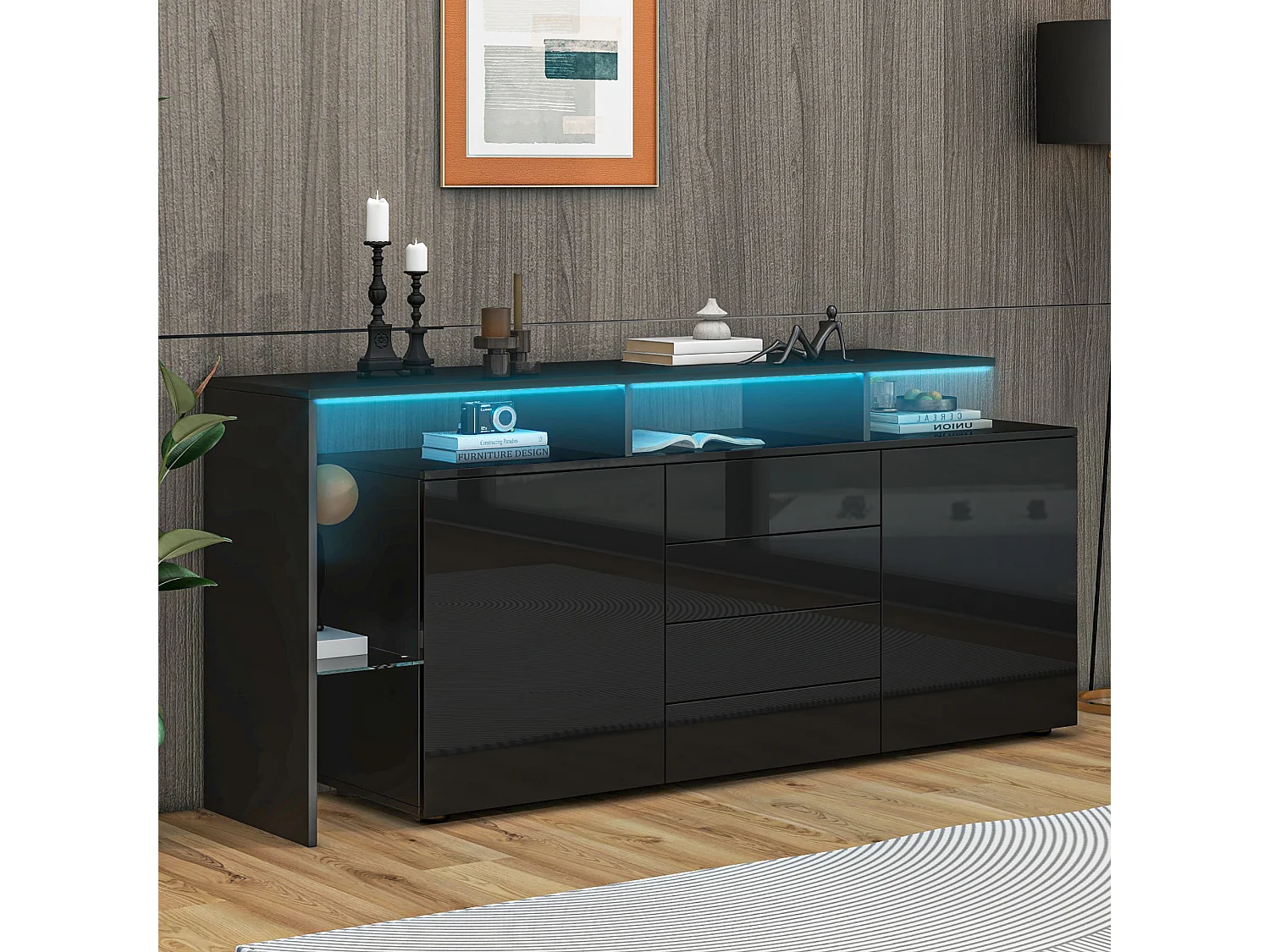 Buffet avec 2 portes + 4 tiroirs et étagères - 160 x 35 x 70 cm - Ledss - aggloméré - noir