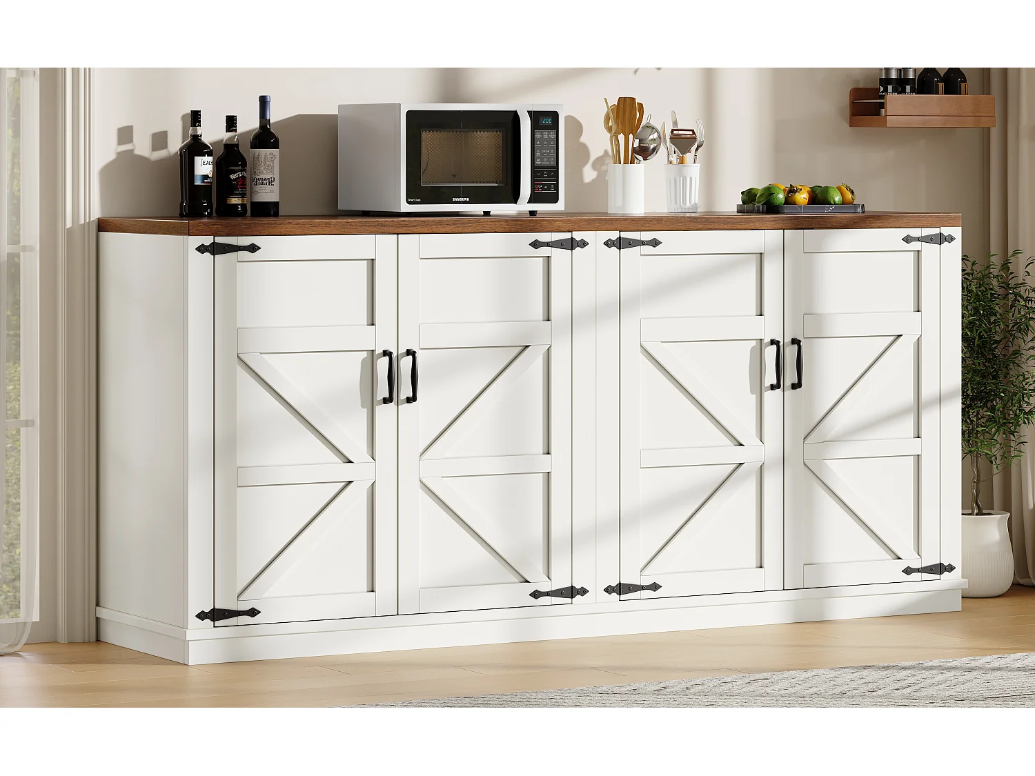 Buffet de style campagnard - 160 x 40 x 85 cm - avec 4 portes - 2 étagères réglables - MDF + métal - blanc