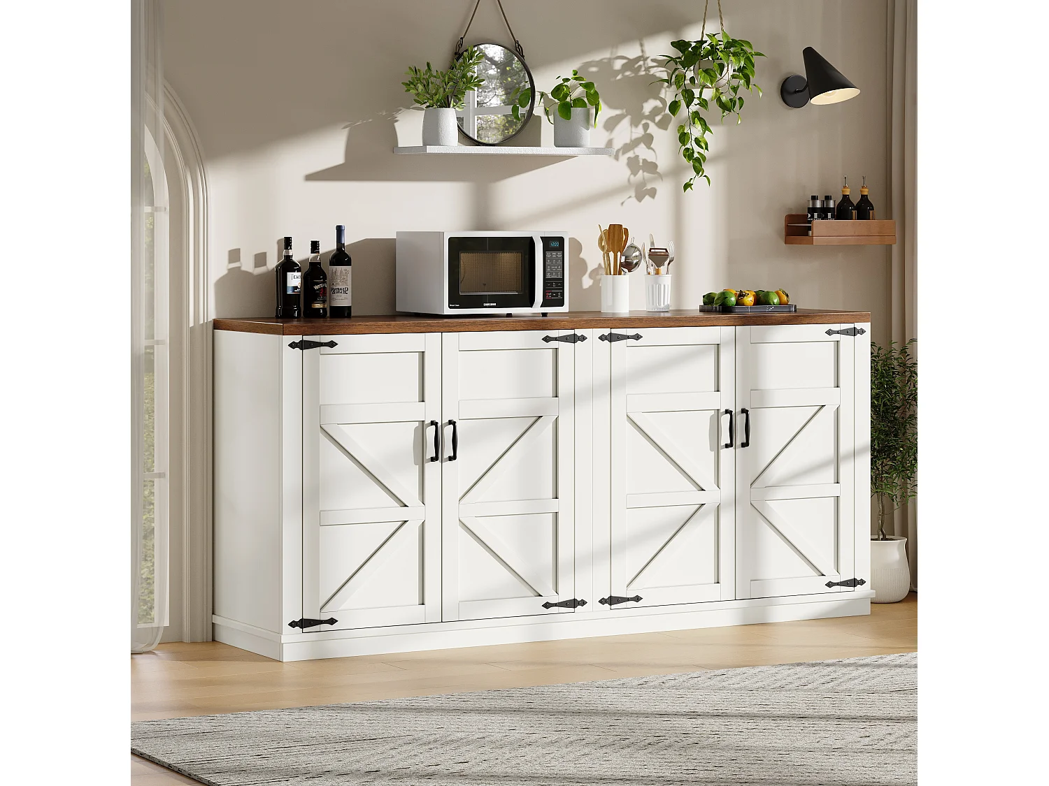 Credenza in stile country - 160 x 40 x 85 cm - con 4 ante - 2 ripiani regolabili - MDF + metallo - bianco