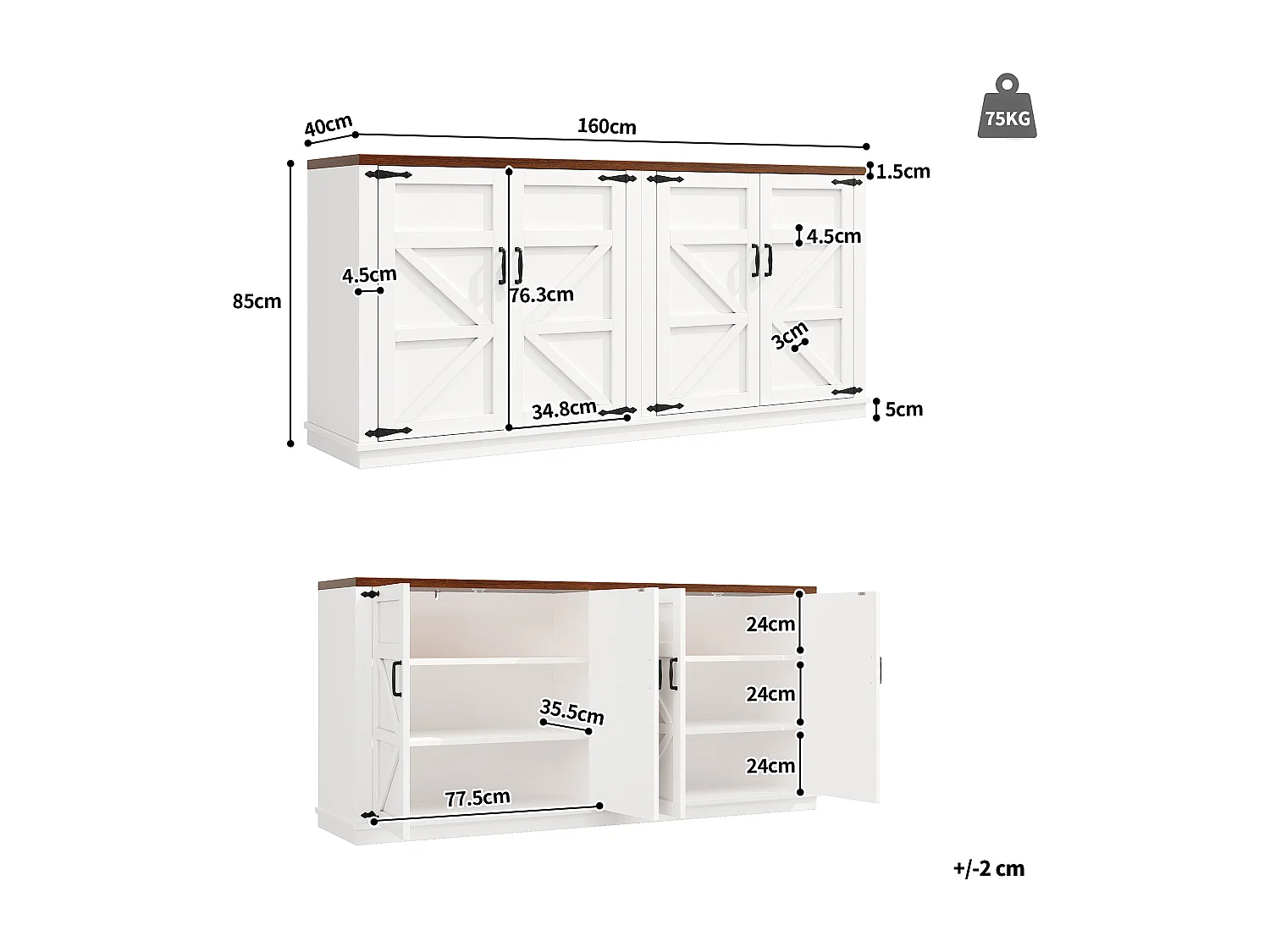Credenza in stile country - 160 x 40 x 85 cm - con 4 ante - 2 ripiani regolabili - MDF + metallo - bianco
