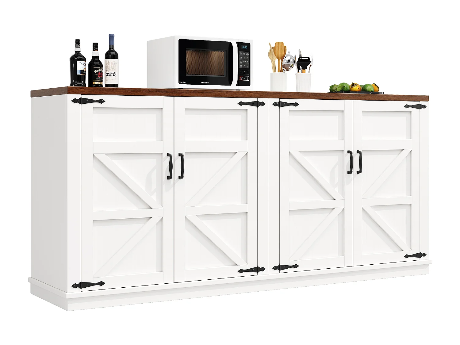 Credenza in stile country - 160 x 40 x 85 cm - con 4 ante - 2 ripiani regolabili - MDF + metallo - bianco