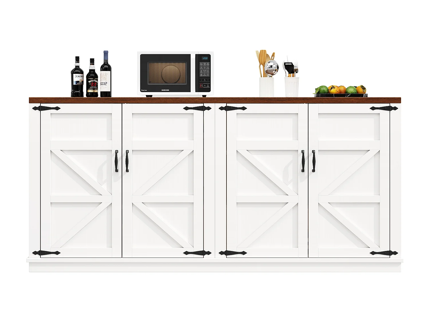 Credenza in stile country - 160 x 40 x 85 cm - con 4 ante - 2 ripiani regolabili - MDF + metallo - bianco