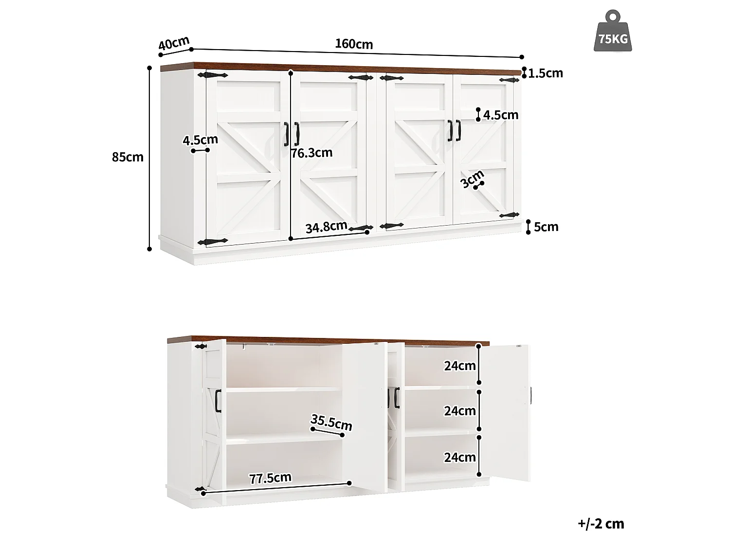 Sideboard im Landhausstil – 160 x 40 x 85 cm – mit 4 Türen – 2 verstellbare Einlegeböden – MDF + Metall – weiß