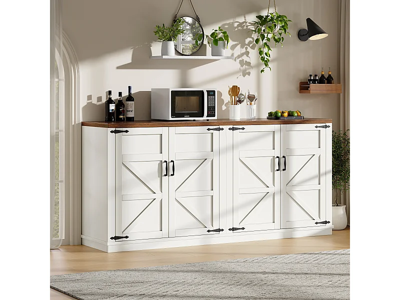 Komoda w stylu rustykalnym - 160 x 40 x 85 cm - z 4 drzwiami - 2 regulowane półki - MDF + metal - biała