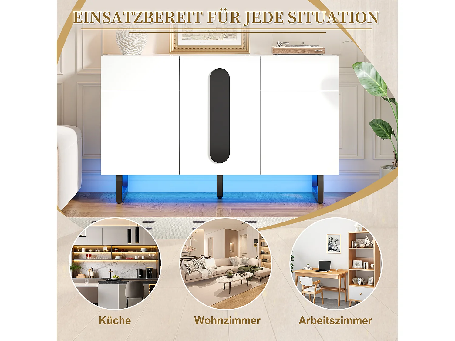 Modernes Sideboard – 120 x 40,5 x 75 cm – mit 2 Schubladen, 3 Türen und LED-Beleuchtung – Metallbeine – Holz – weiß