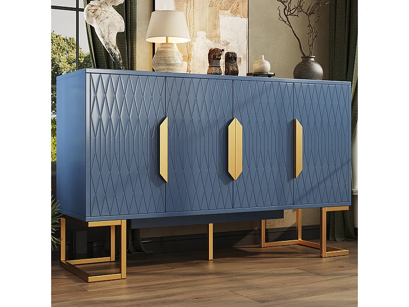 Buffet moderne - 140 x 40 x 80 cm - avec 4 portes et 2 étagères réglables - peids dorés - MDF + métal - bleu