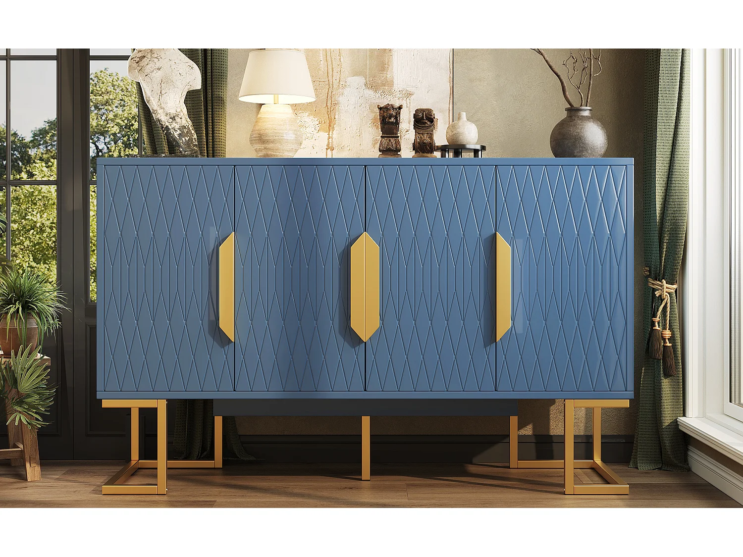 Aparador moderno - 140 x 40 x 80 cm - con 4 puertas y 2 estantes ajustables - patas doradas - MDF + metal - azul