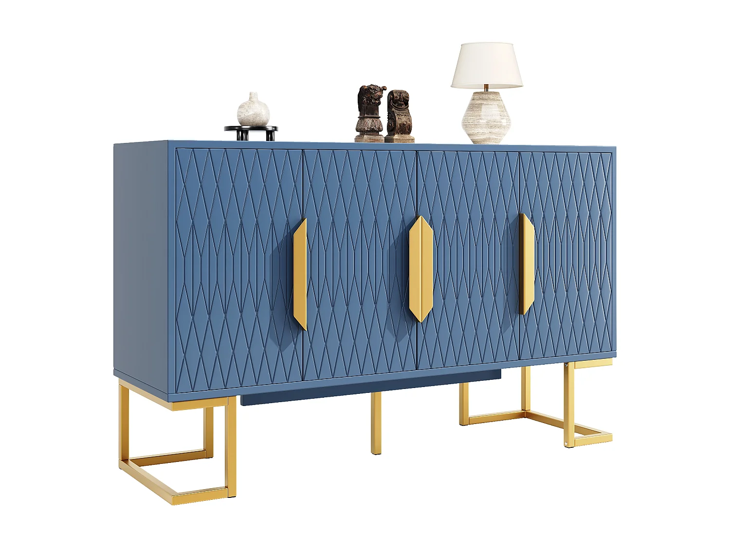 Aparador moderno - 140 x 40 x 80 cm - con 4 puertas y 2 estantes ajustables - patas doradas - MDF + metal - azul