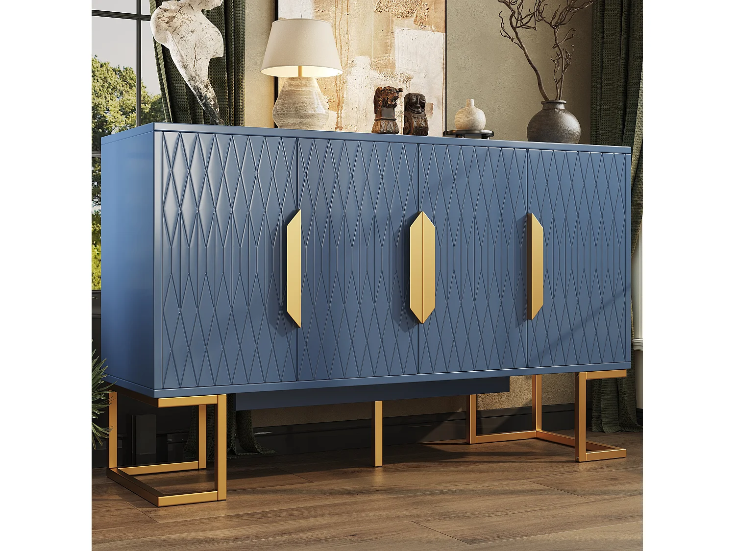 Credenza moderna - 140 x 40 x 80 cm - con 4 ante e 2 ripiani regolabili - gambe dorate - MDF + metallo - blu