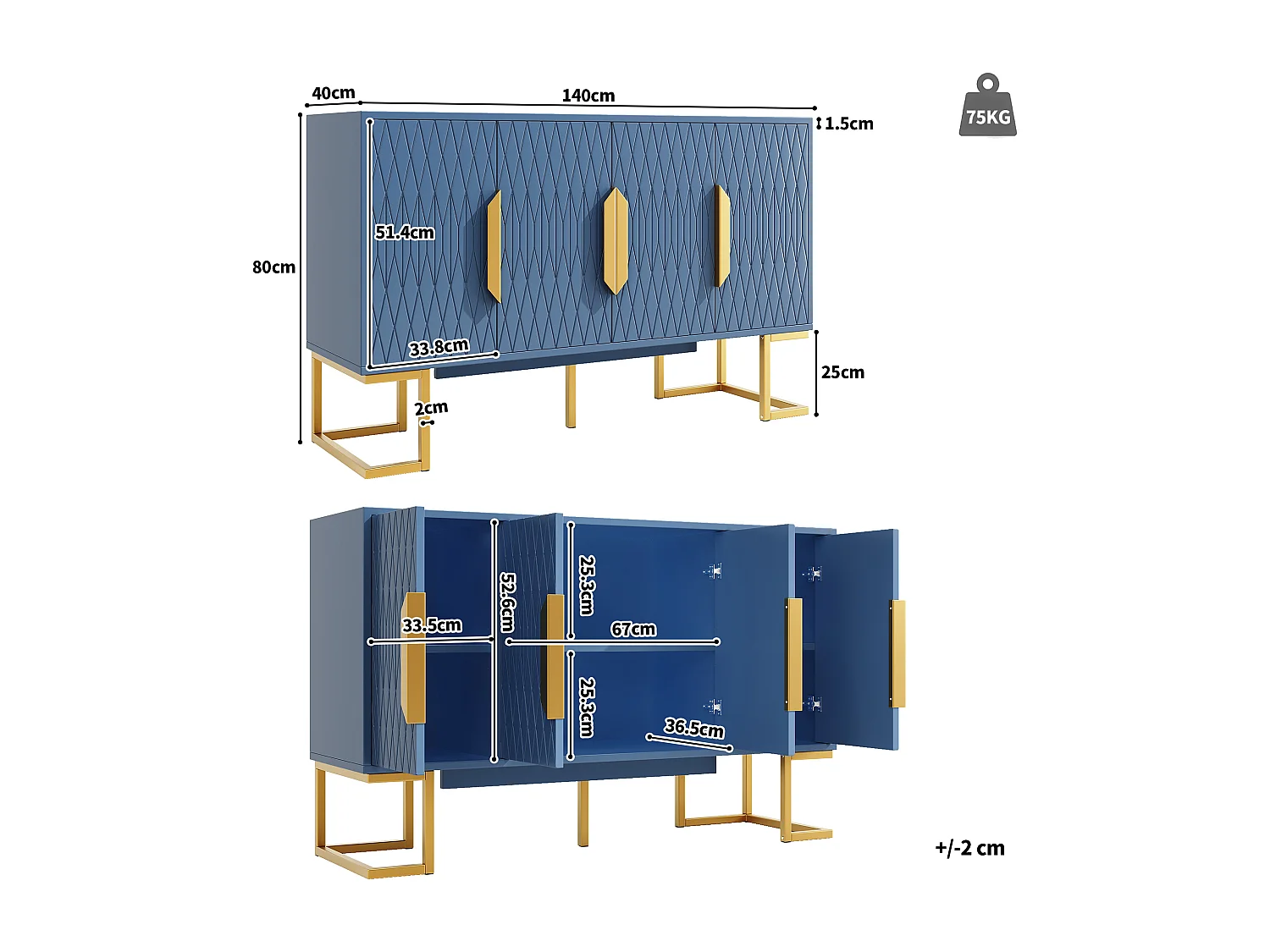 Credenza moderna - 140 x 40 x 80 cm - con 4 ante e 2 ripiani regolabili - gambe dorate - MDF + metallo - blu