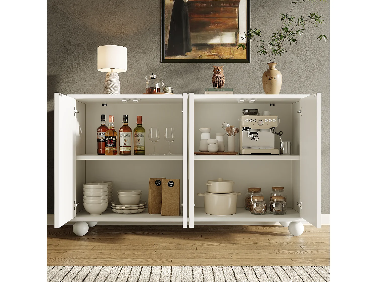 Modernes Sideboard für Ess- und Wohnzimmer – 120 x 35 x 71 cm – mit 4 Türen + verstellbarem Einlegeboden – MDF + Metall – weiß