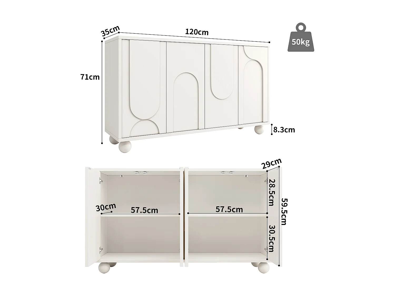 Modernes Sideboard für Ess- und Wohnzimmer – 120 x 35 x 71 cm – mit 4 Türen + verstellbarem Einlegeboden – MDF + Metall – weiß