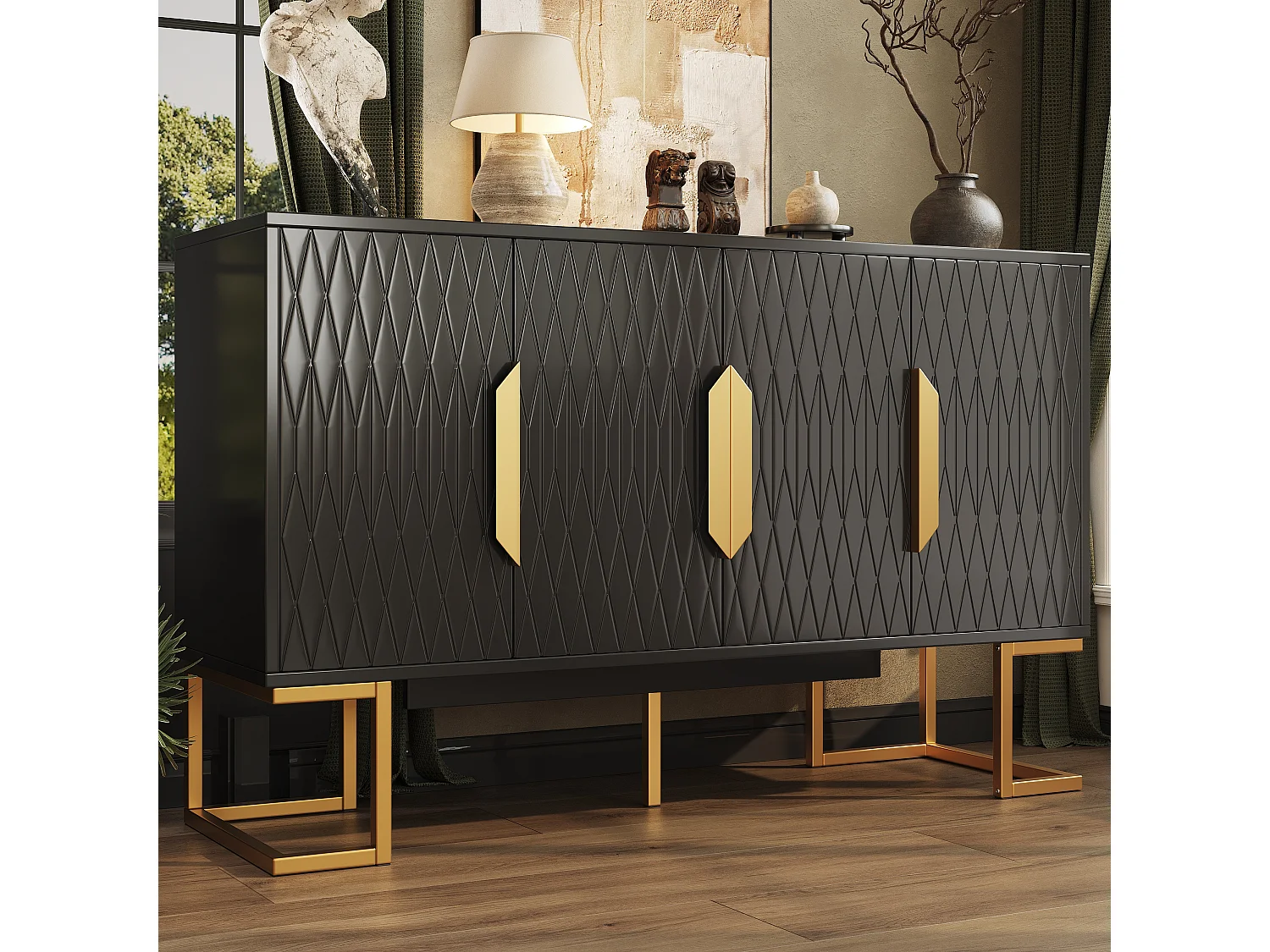 Buffet moderne - 140 x 40 x 80 cm - avec 4 portes et 2 étagères réglables - peids dorés - MDF + métal - noir