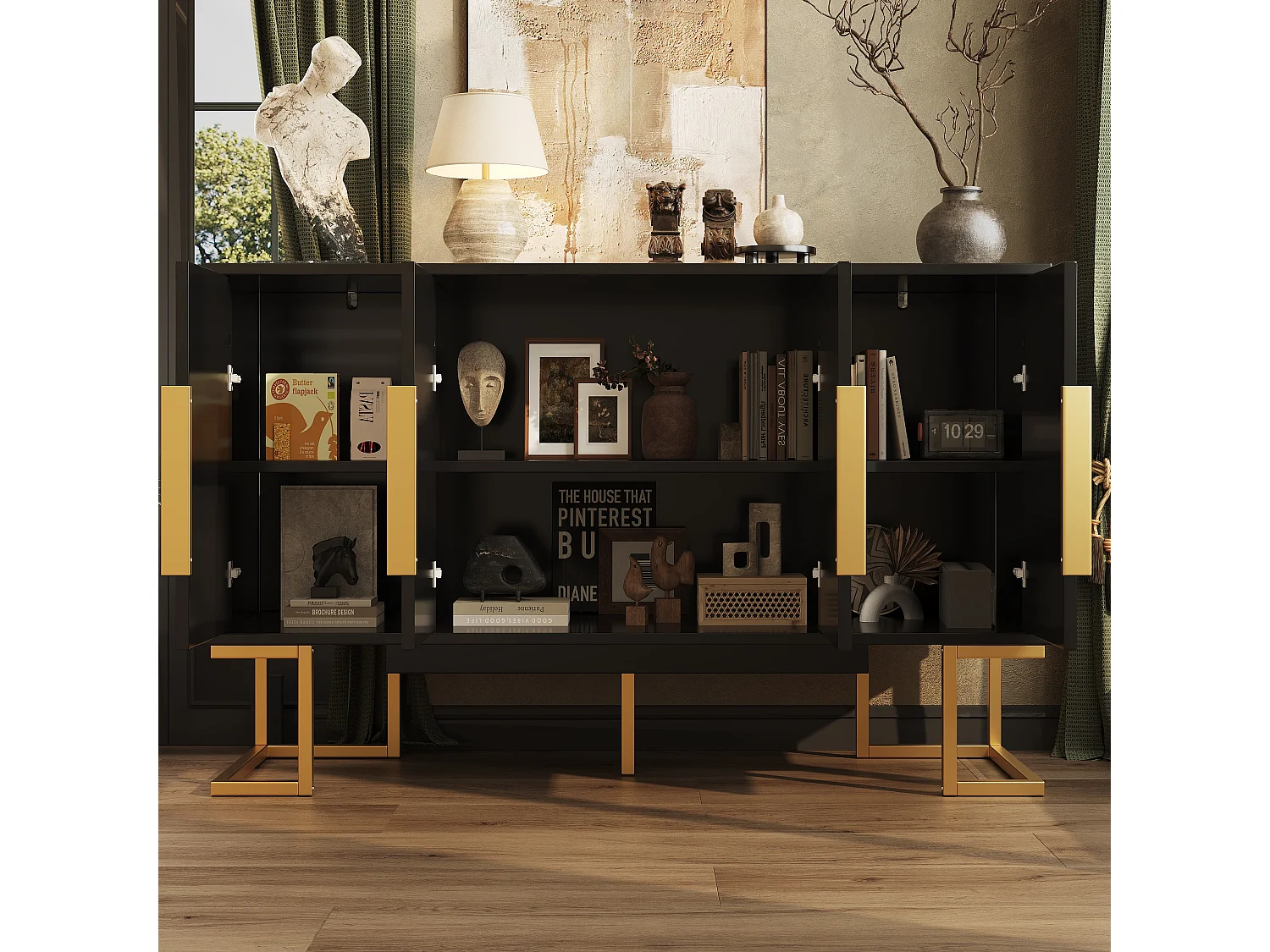 Buffet moderne - 140 x 40 x 80 cm - avec 4 portes et 2 étagères réglables - peids dorés - MDF + métal - noir