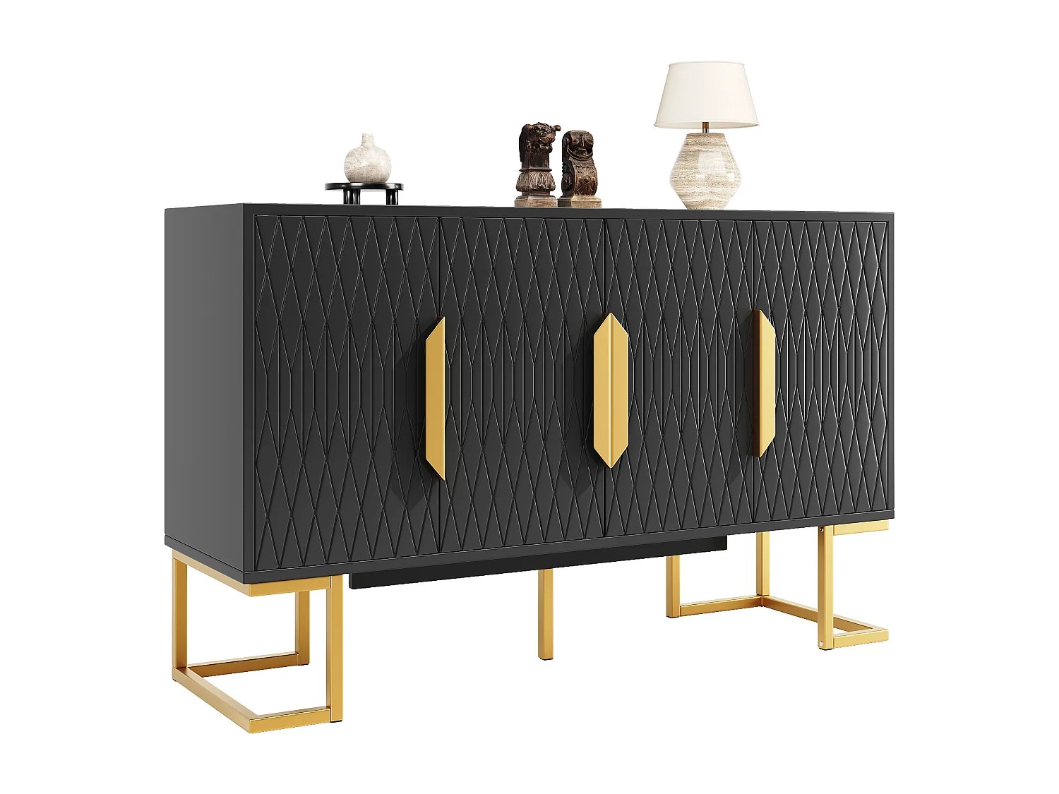 Buffet moderne - 140 x 40 x 80 cm - avec 4 portes et 2 étagères réglables - peids dorés - MDF + métal - noir