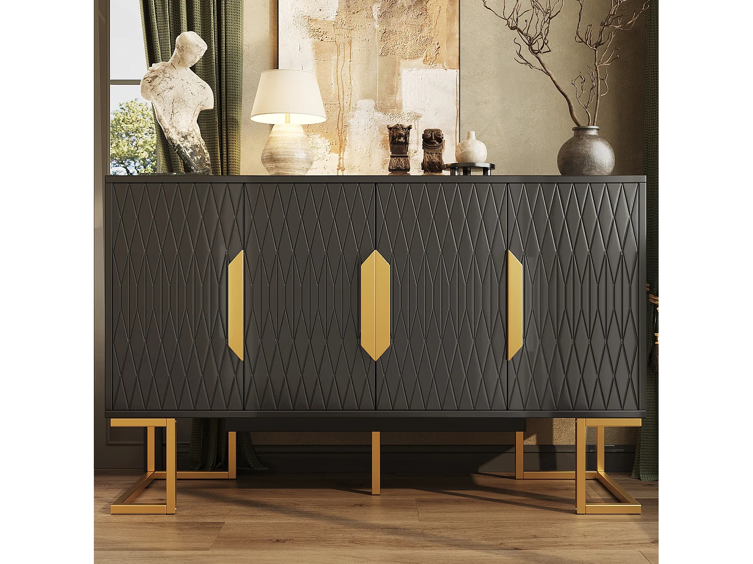Credenza moderna - 140 x 40 x 80 cm - con 4 ante e 2 ripiani regolabili - gambe dorate - MDF + metallo - nero