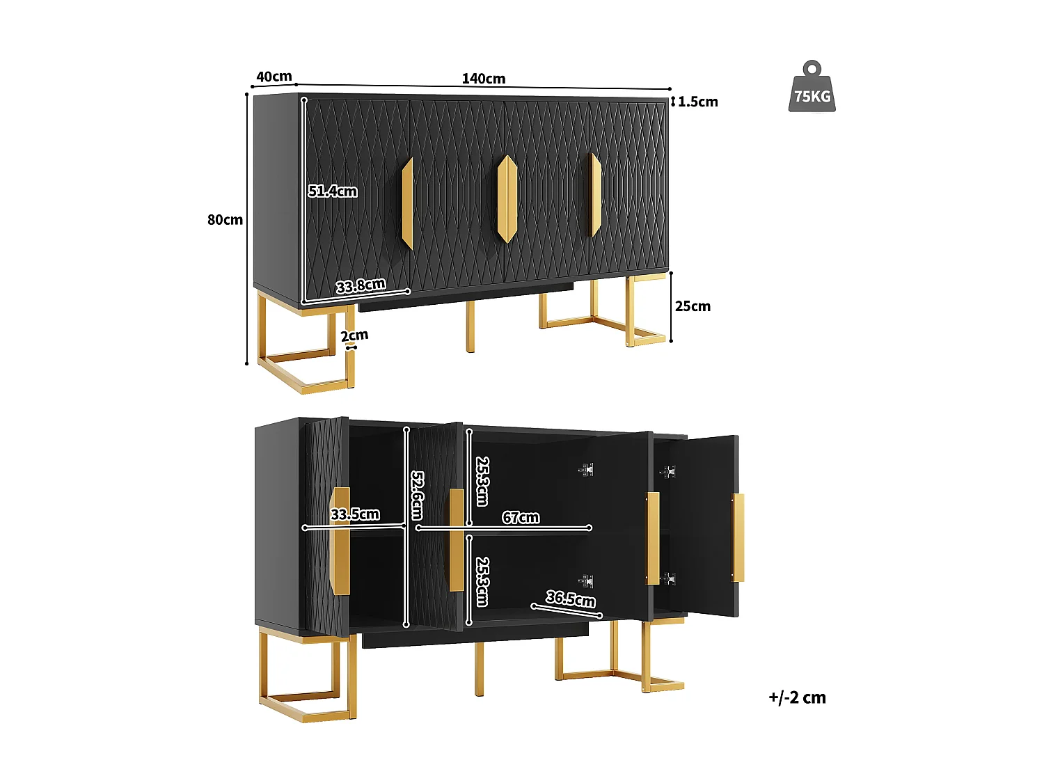 Credenza moderna - 140 x 40 x 80 cm - con 4 ante e 2 ripiani regolabili - gambe dorate - MDF + metallo - nero