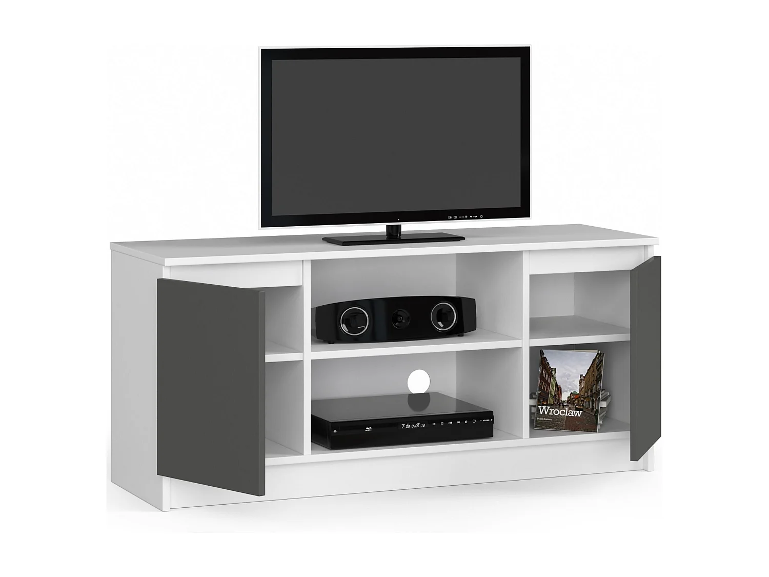 Móvel TV Moderno Branco-Cinza 120cm com Porta e Prateleiras