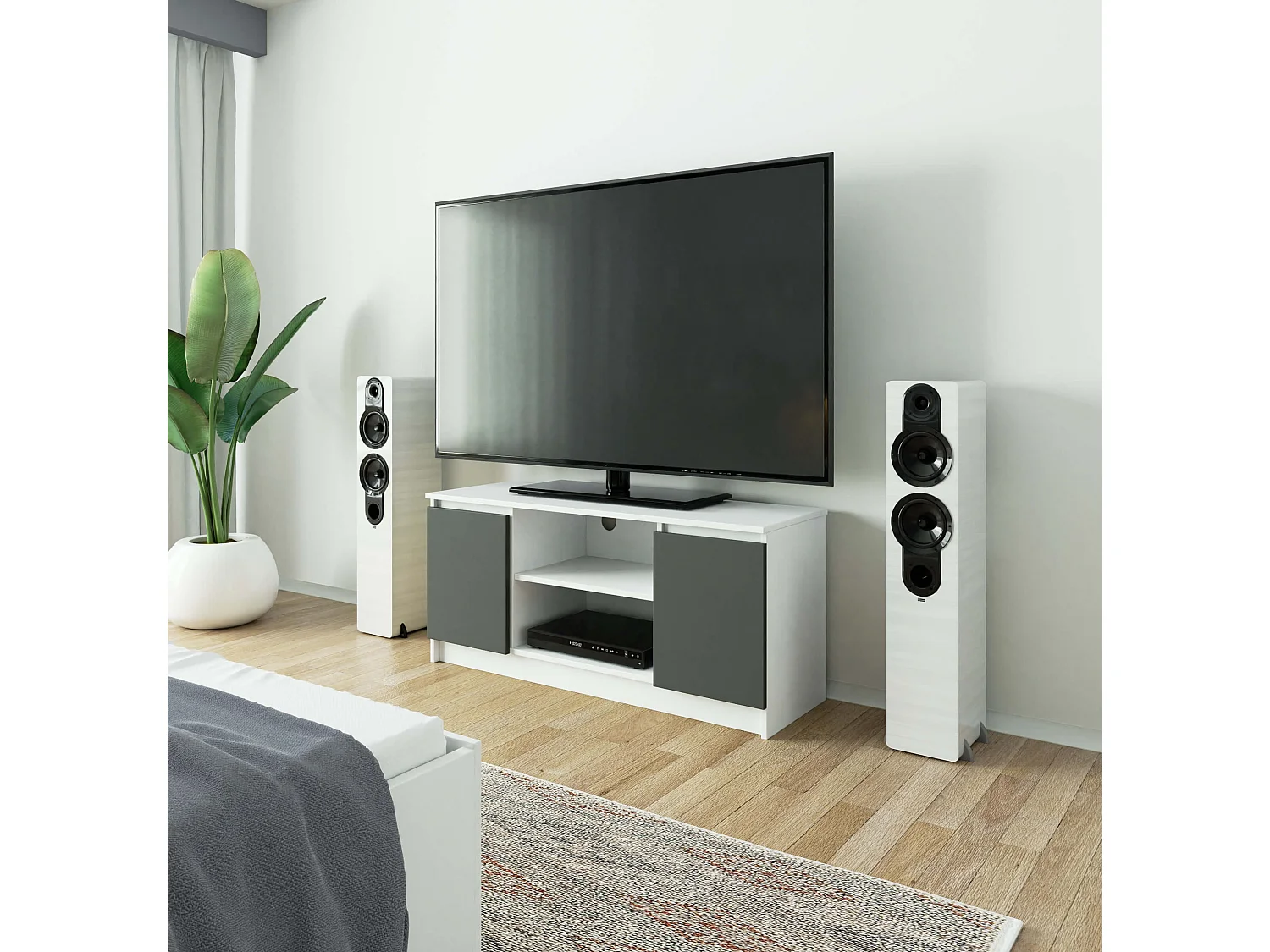 Móvel TV Moderno Branco-Cinza 120cm com Porta e Prateleiras