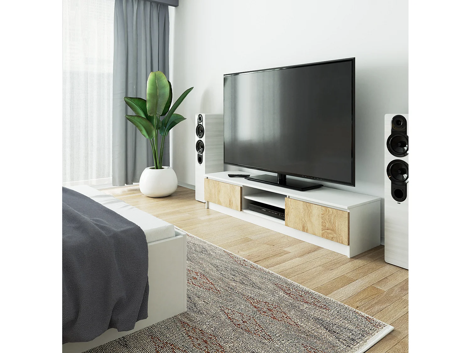 Móvel TV 160cm Branco/Carvalho Sonoma, 2 Portas, Estilo Moderno, Montagem DIY