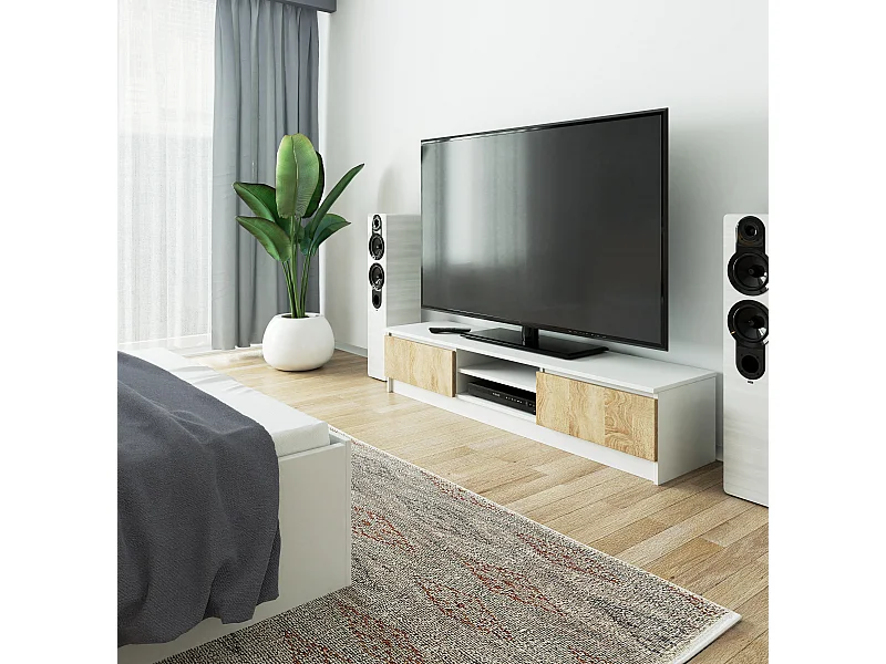 Móvel TV 160cm Branco/Carvalho Sonoma, 2 Portas, Estilo Moderno, Montagem DIY