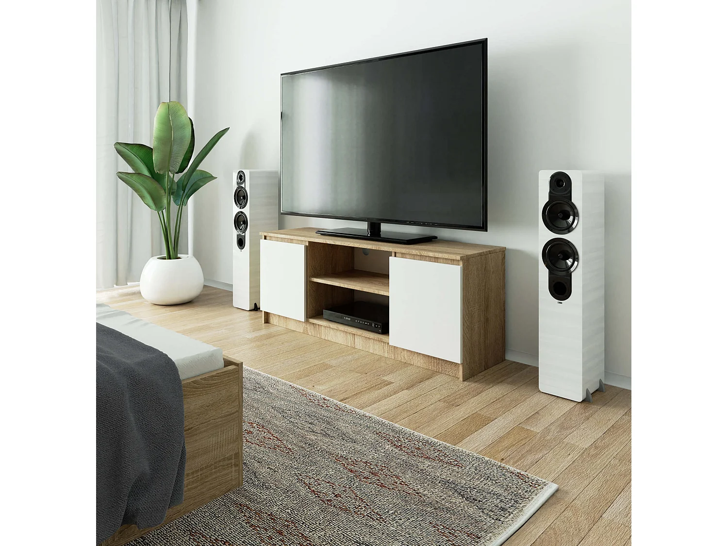 Estante de TV Moderna 140cm com 2 Portas Dobradiças - Carvalho Sonoma e Branco