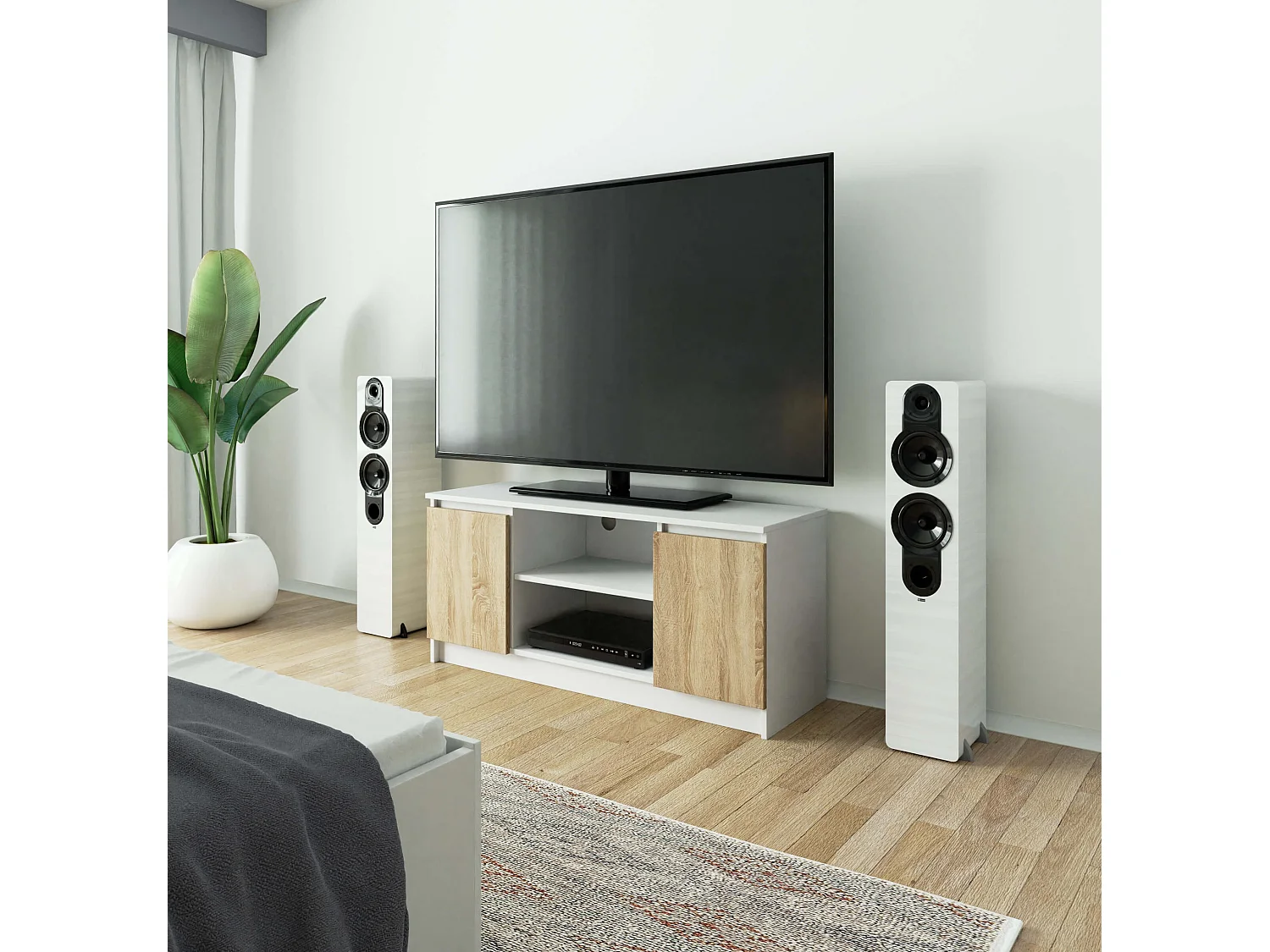 Móvel TV 120 cm com 2 Portas e 1 Prateleira - Bianco/Carvalho de Sonoma