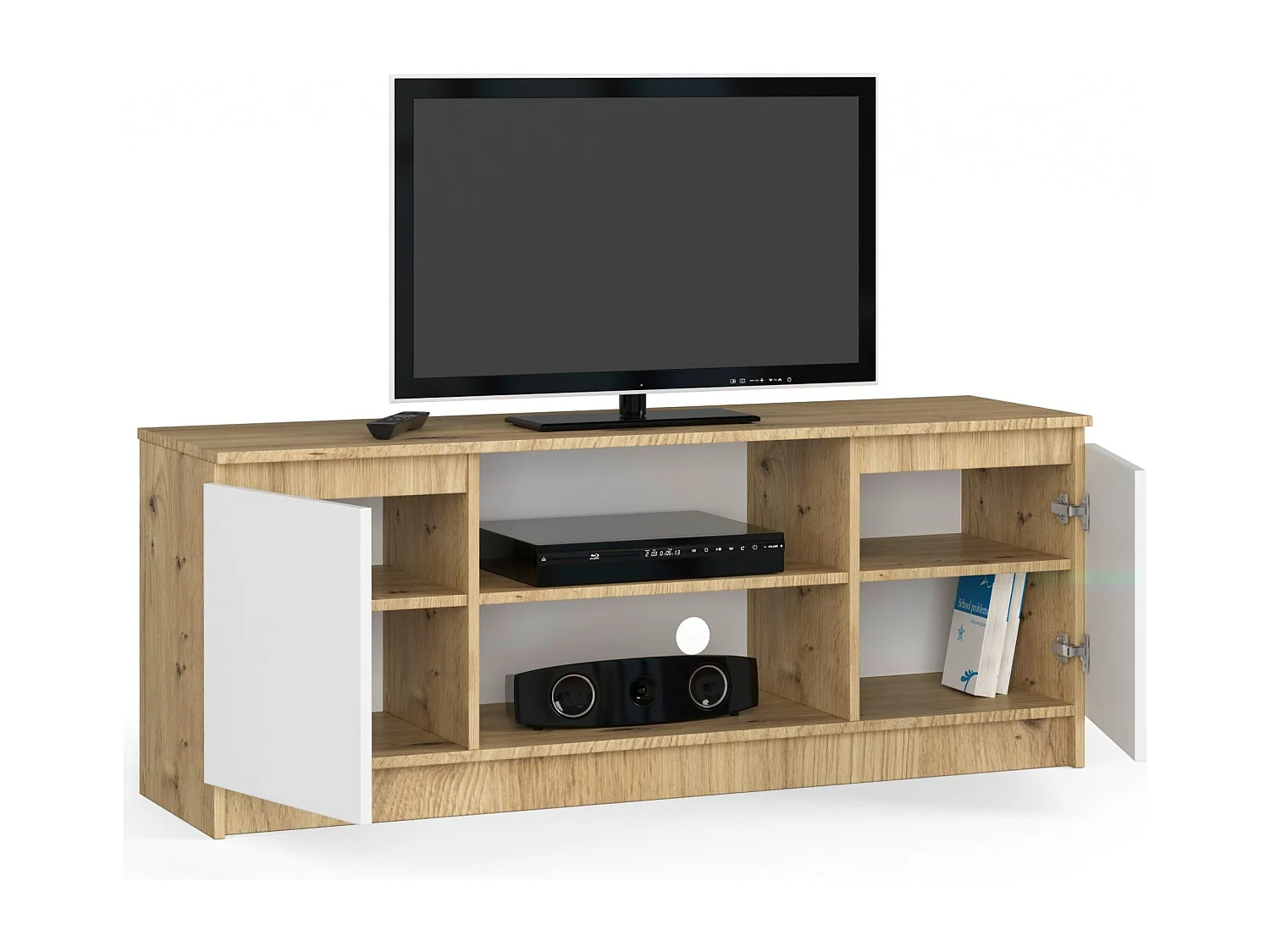 Estante de TV Moderna K140 Carvalho Artesanal/Branco - 2 Portas 1 Prateleira, Móvel Auto Montável, Largura 140 cm