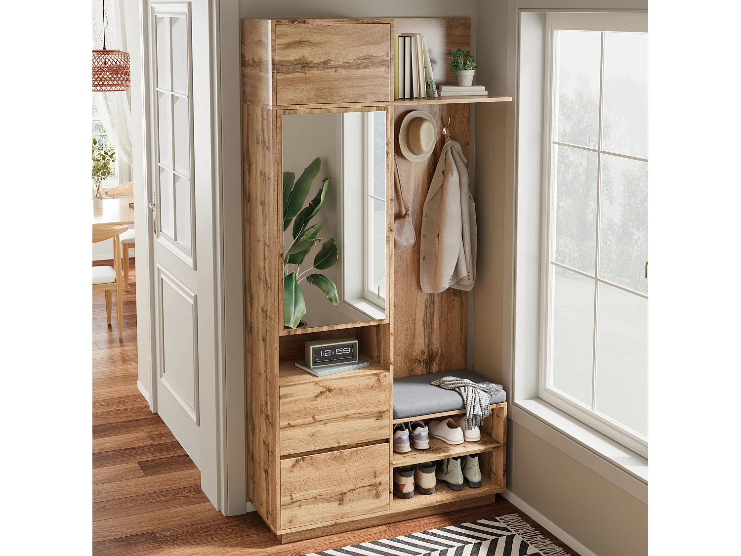 Kleiderschrank mit Spiegel und Sitzbank – 90 x 34,5 x 190 cm – mit Schuhregal, Haken und Schublade – hell natur