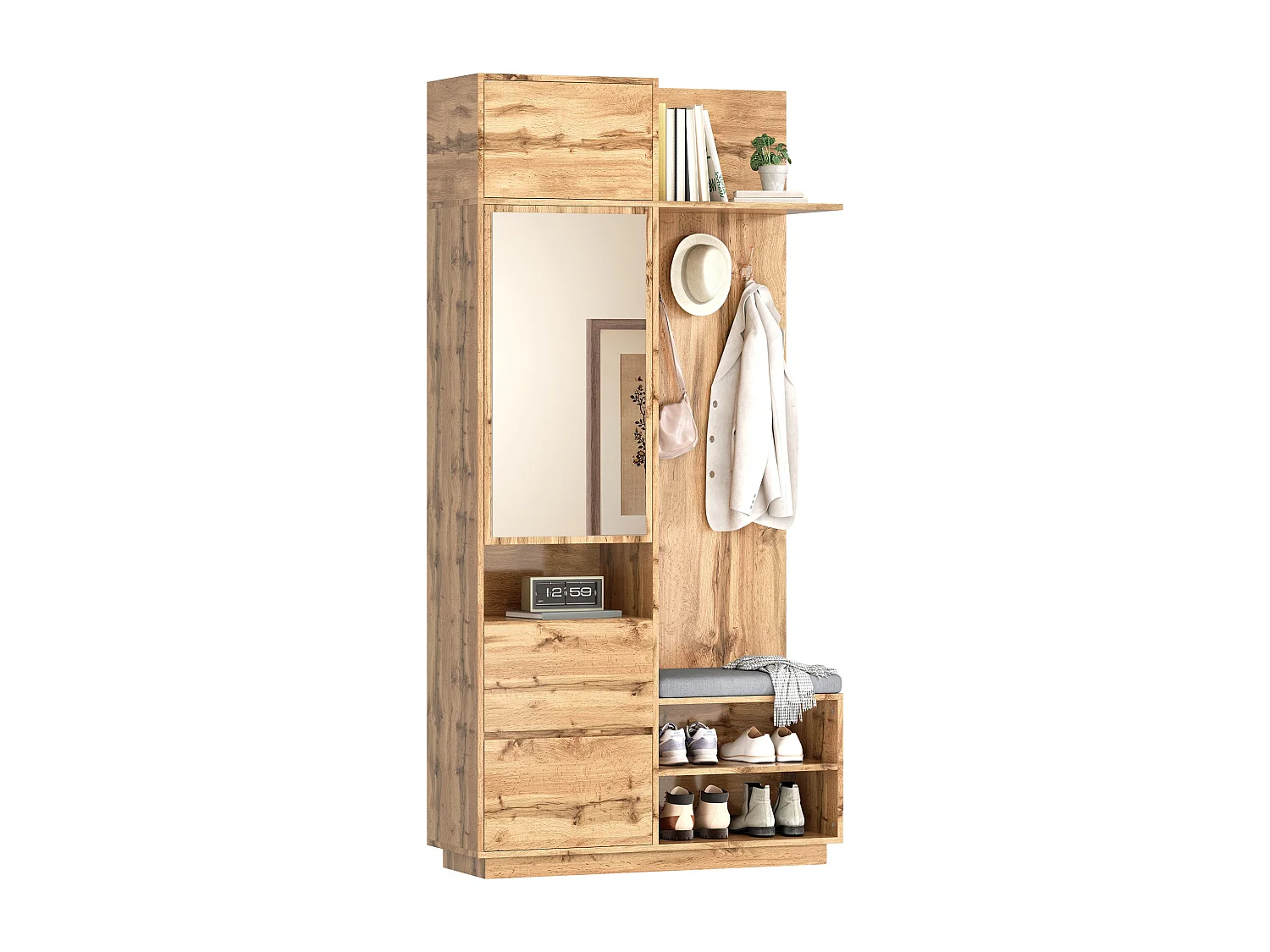 Armadio con specchio e panca - 90 x 34,5 x 190 cm - con scarpiera + ganci + cassetto - naturale chiaro