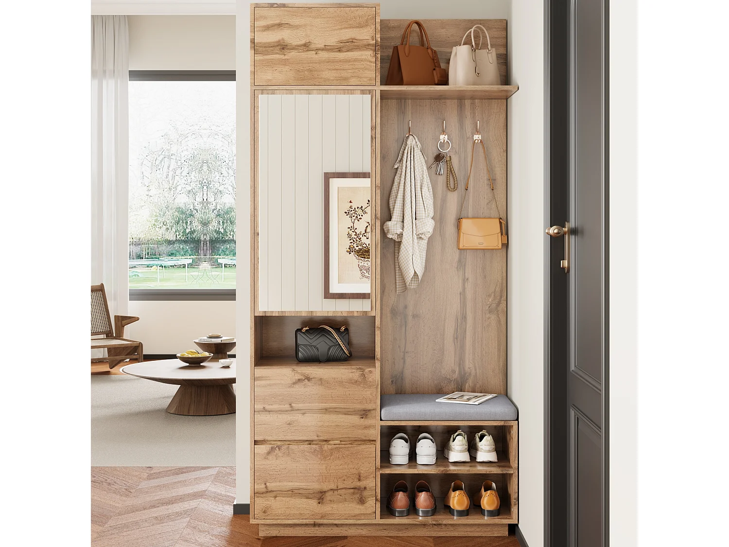 Armadio con specchio e panca - 90 x 34,5 x 190 cm - con scarpiera + ganci + cassetto - naturale chiaro