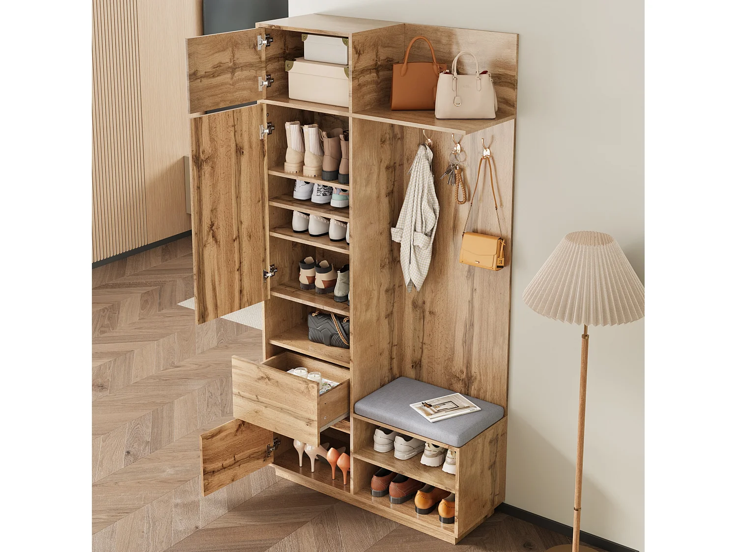 Armadio con specchio e panca - 90 x 34,5 x 190 cm - con scarpiera + ganci + cassetto - naturale chiaro