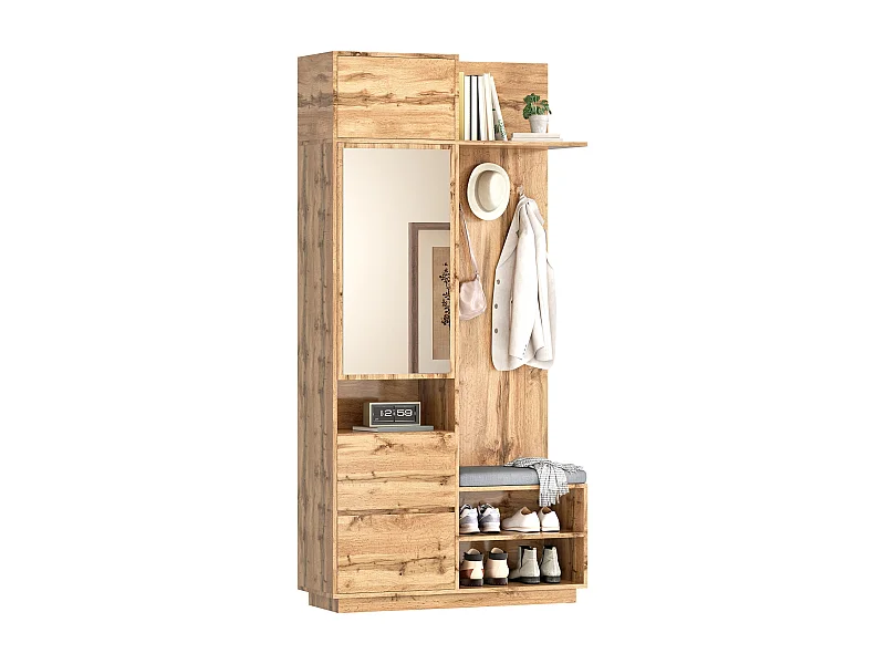 Armadio con specchio e panca - 90 x 34,5 x 190 cm - con scarpiera + ganci + cassetto - naturale chiaro