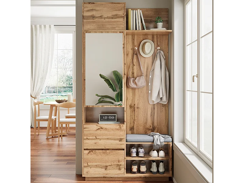 Armadio con specchio e panca - 90 x 34,5 x 190 cm - con scarpiera + ganci + cassetto - naturale chiaro