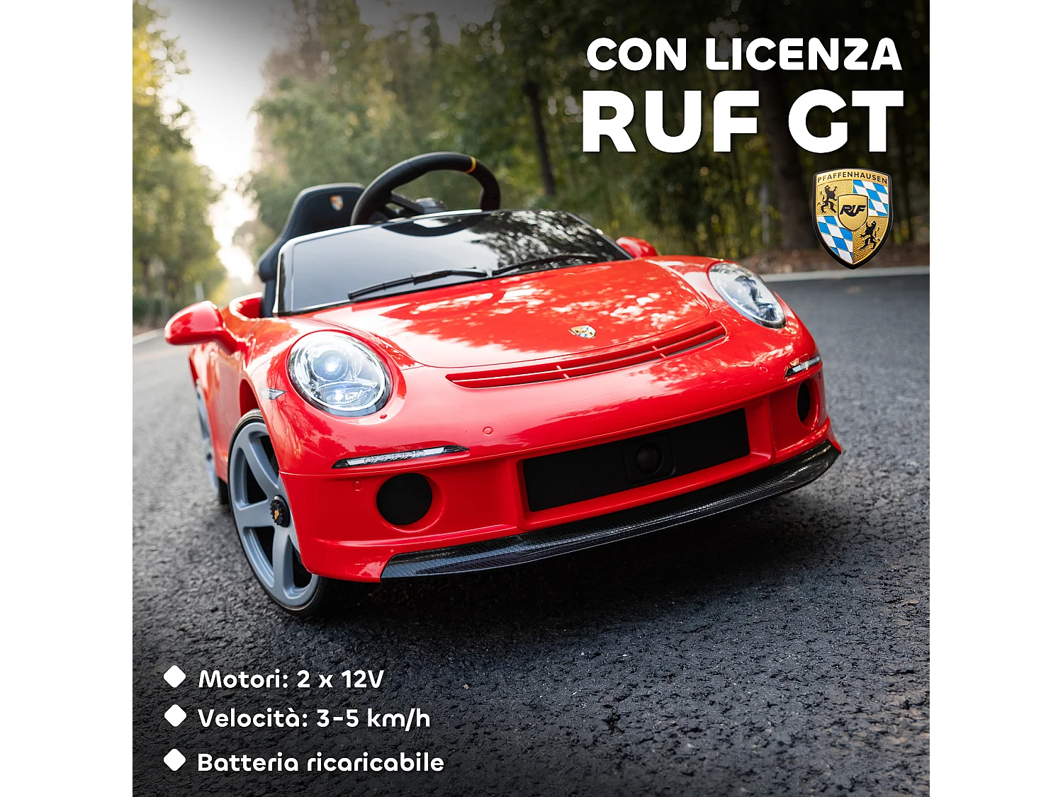 Macchina per bambini 3-5 anni con licenza ruf gt e telecomando rosso