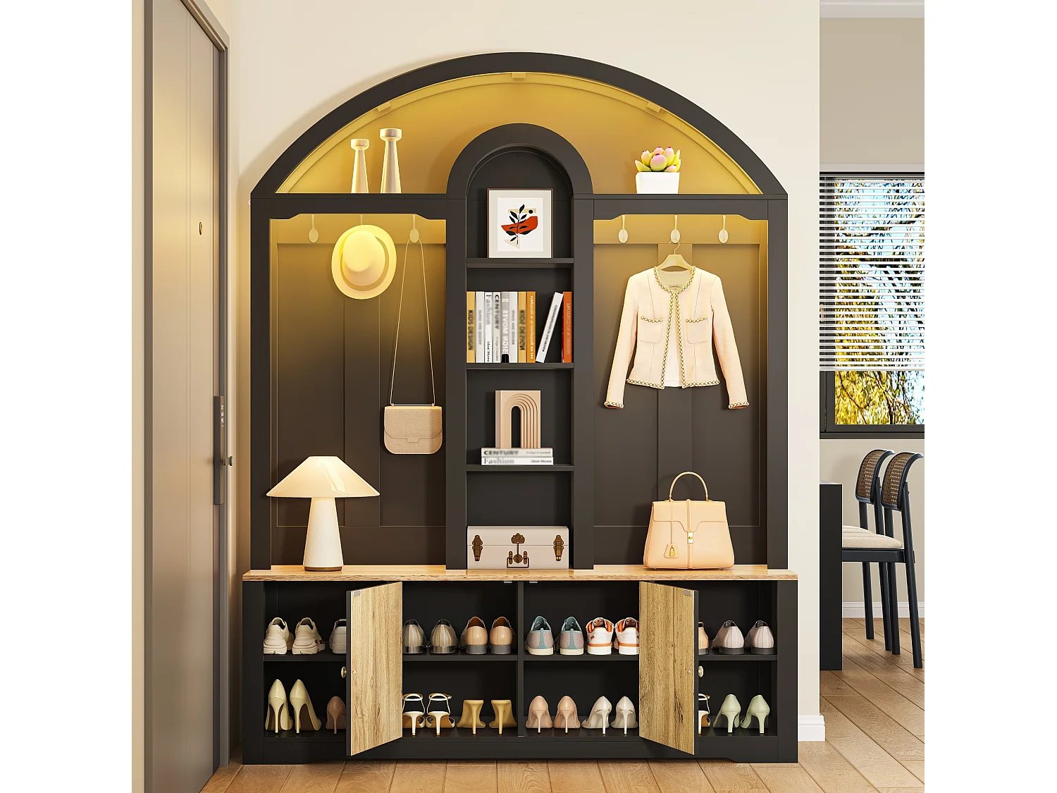 Flurschrank mit Schuhregal, Ablagen, Haken und 2 Türen – 150 x 40 x 195 cm – MDF – schwarz