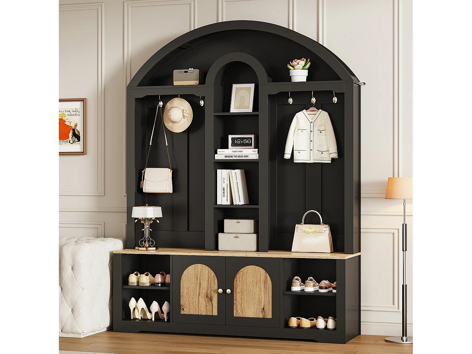 Flurschrank mit Schuhregal, Ablagen, Haken und 2 Türen – 150 x 40 x 195 cm – MDF – schwarz