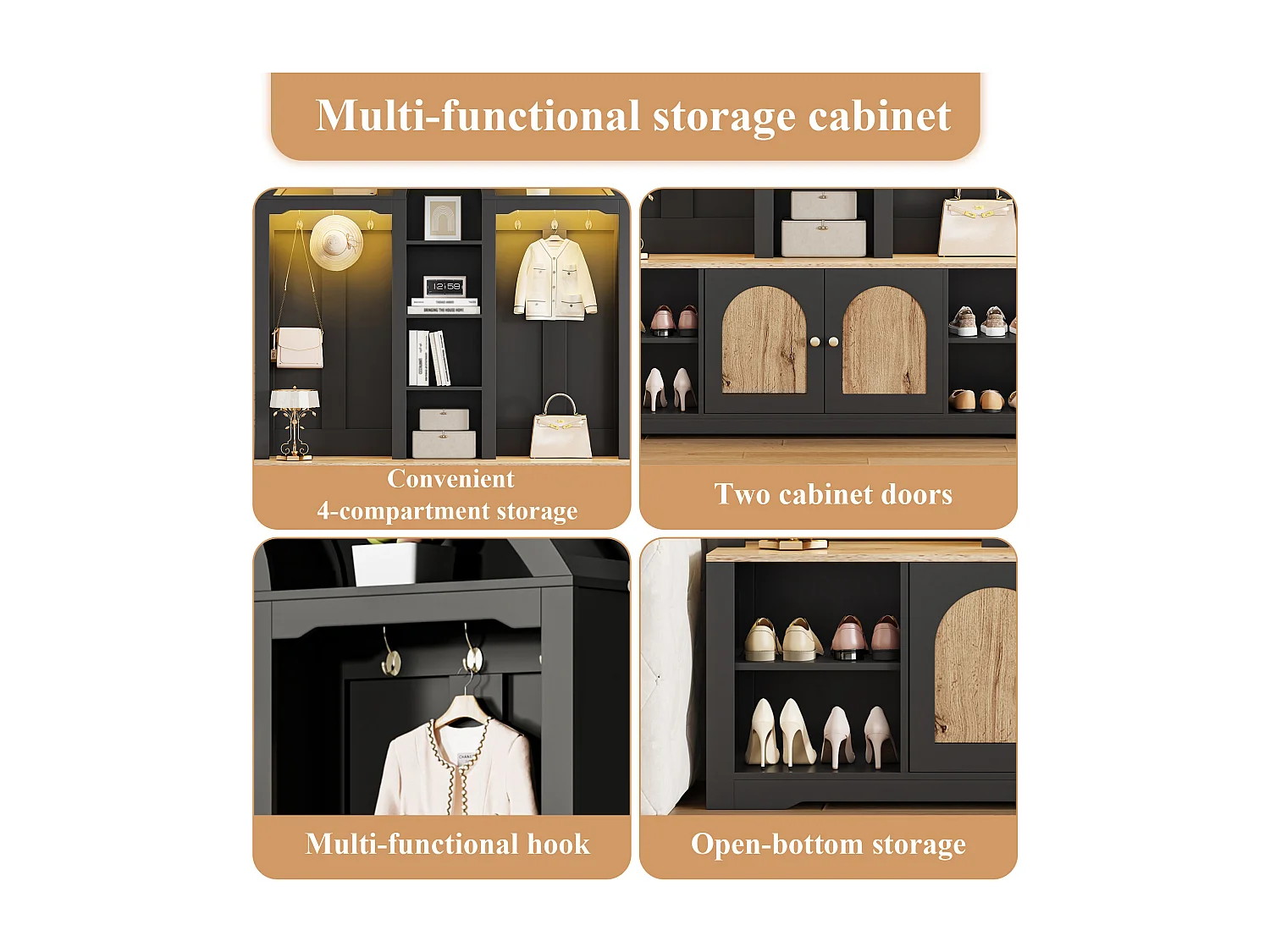 Flurschrank mit Schuhregal, Ablagen, Haken und 2 Türen – 150 x 40 x 195 cm – MDF – schwarz