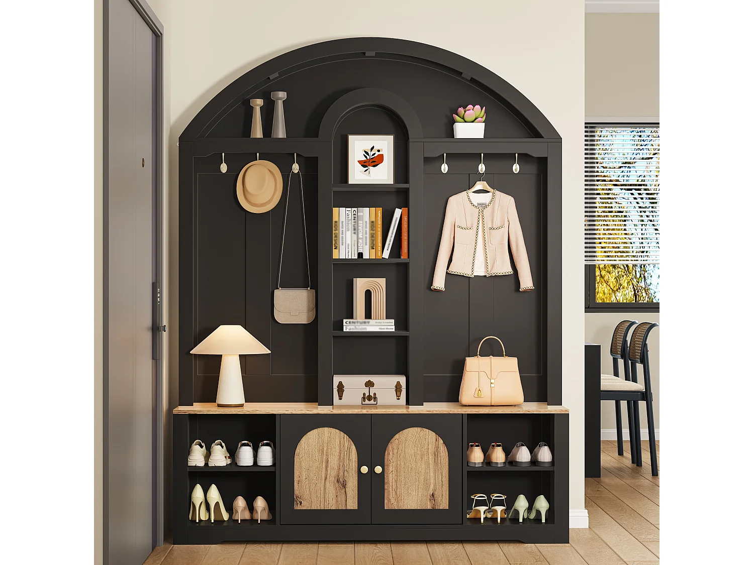 Vestiaire/meuble d'entrée avec étagère à chaussures + étagères + crochets + 2 portes - 150 x 40 x 195 cm - MDF - noir