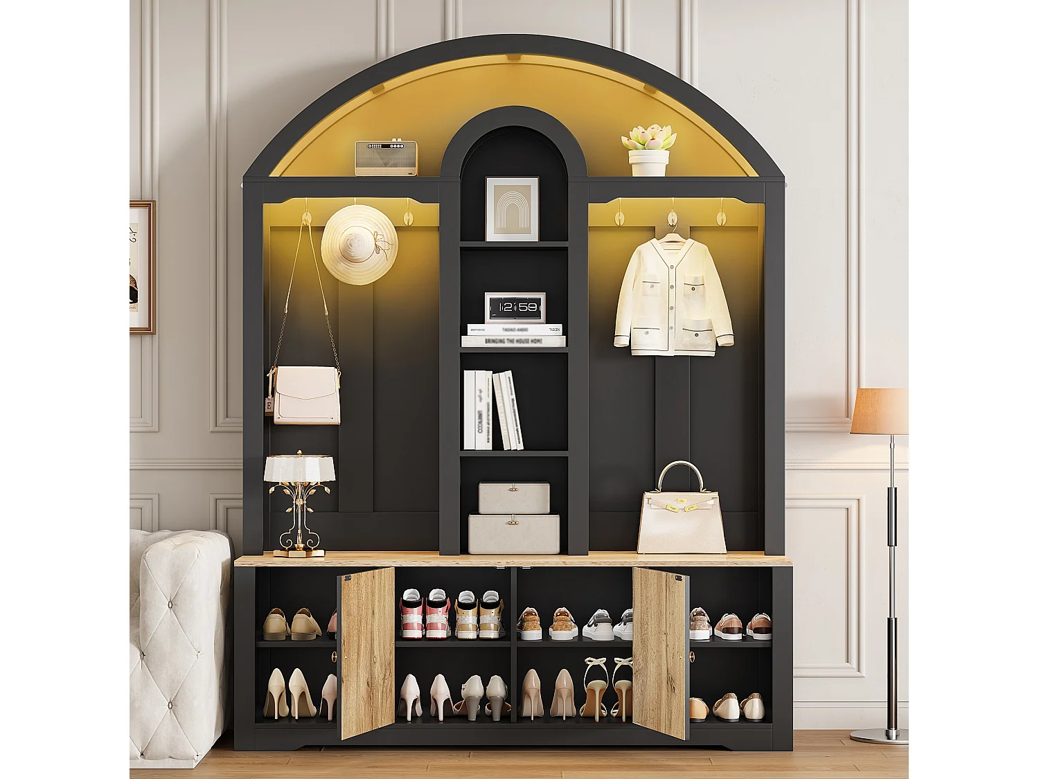 Vestiaire/meuble d'entrée avec étagère à chaussures + étagères + crochets + 2 portes - 150 x 40 x 195 cm - MDF - noir