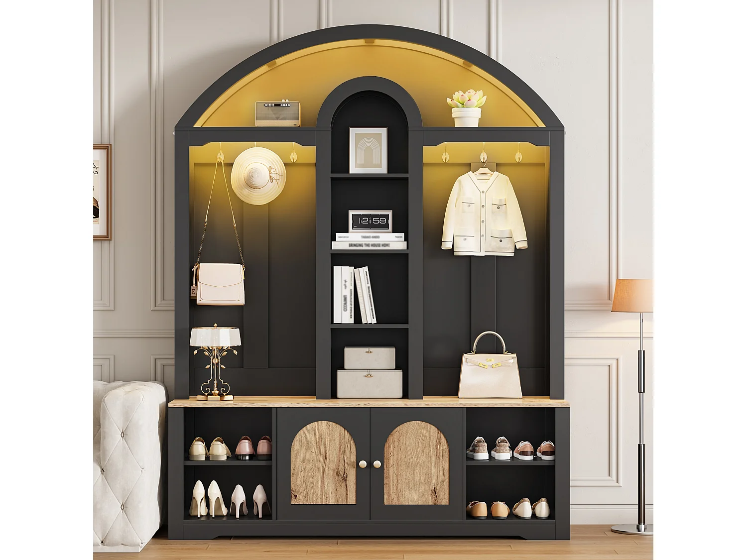 Mobiletto da ingresso/anta con scarpiera + ripiani + ganci + 2 ante - 150 x 40 x 195 cm - MDF - nero