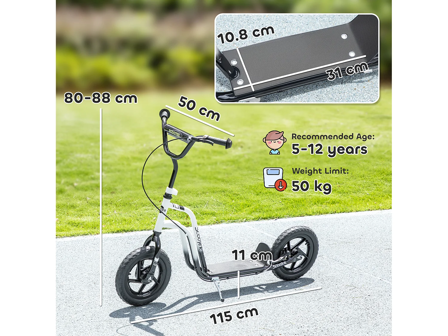 Monopattino per bambini regolabile con cavalletto bianco e nero