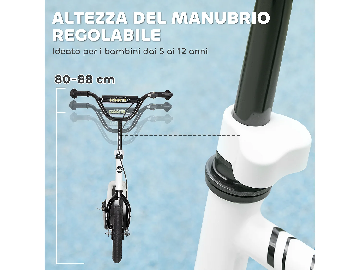 Monopattino per bambini regolabile con cavalletto bianco e nero